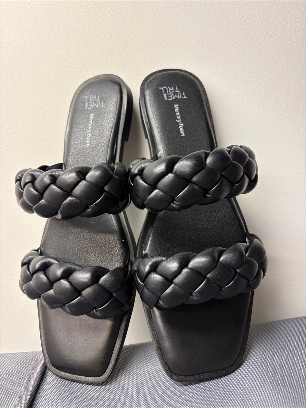 Time and Tru Black Braided Double-Strap Slide Sandals